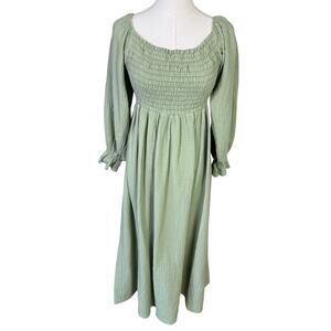 Bibi Green Dress Midi Smocked Off The Shoulder Long Sleeve Summer US Womens M